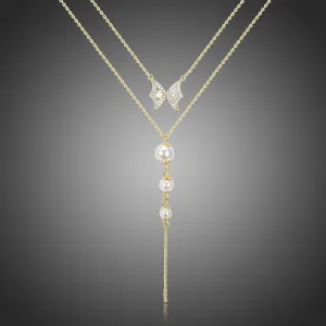 Double Chain Cubic Zirconia Pearl Pendant Necklace KPN0281