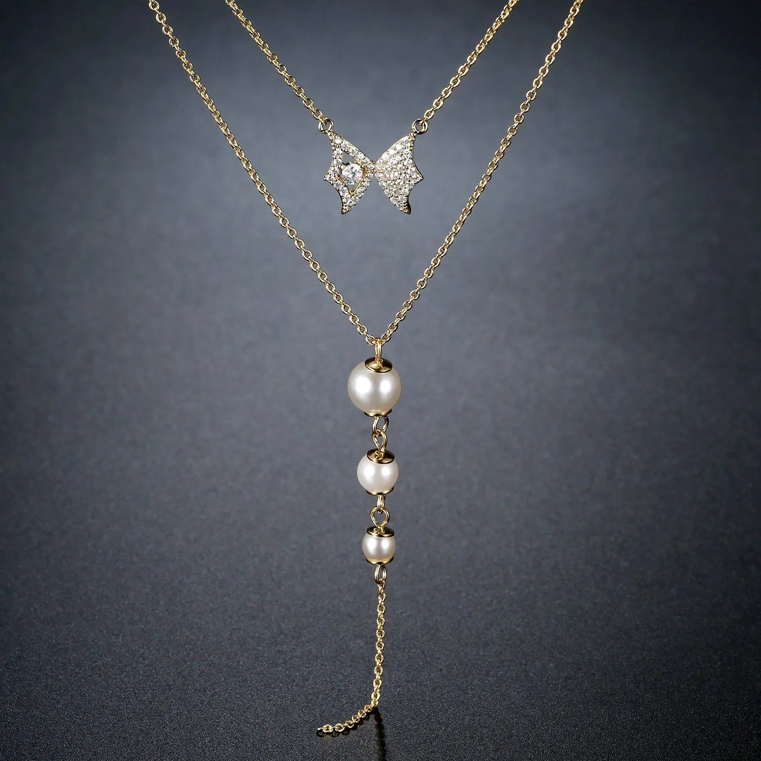Double Chain Cubic Zirconia Pearl Pendant Necklace KPN0281
