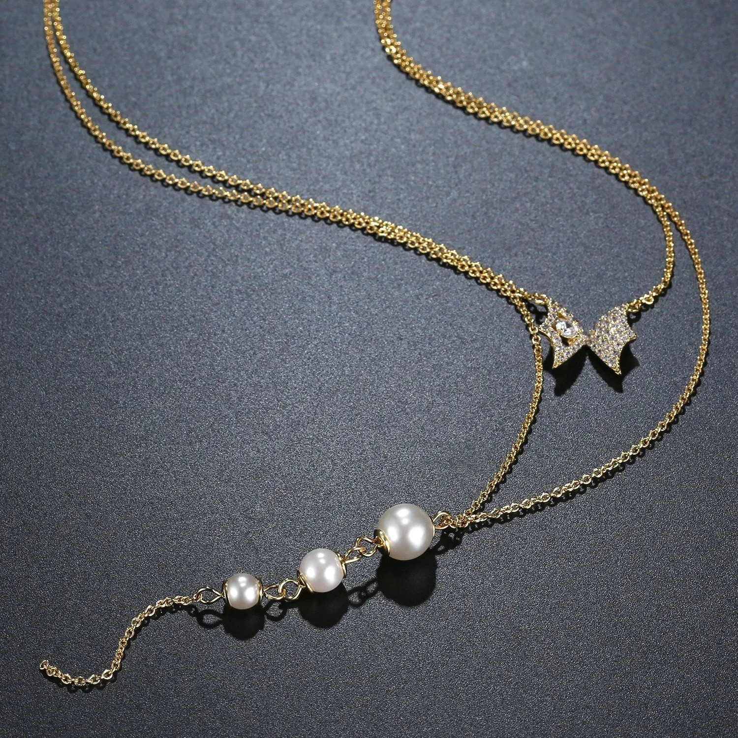 Double Chain Cubic Zirconia Pearl Pendant Necklace KPN0281