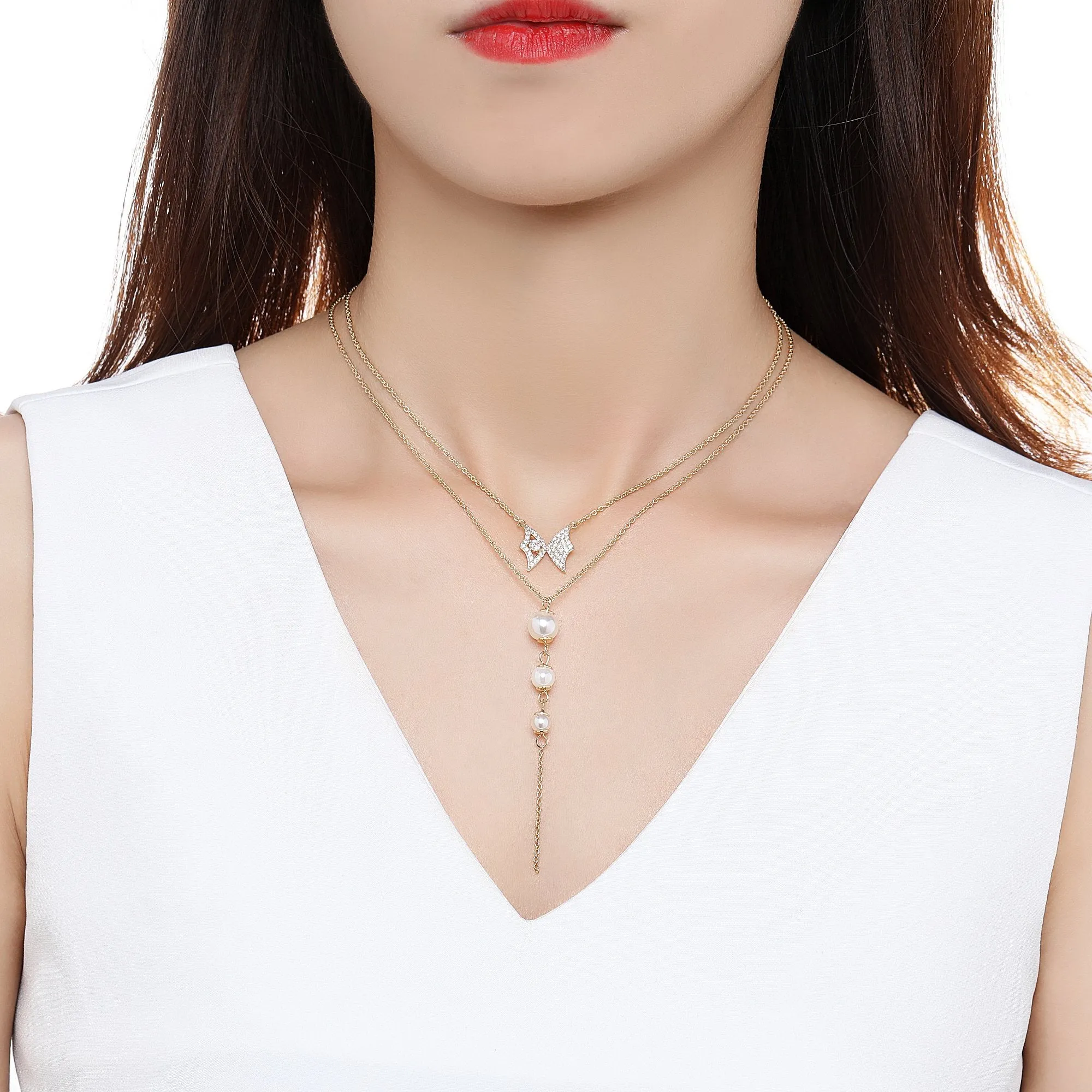 Double Chain Cubic Zirconia Pearl Pendant Necklace KPN0281