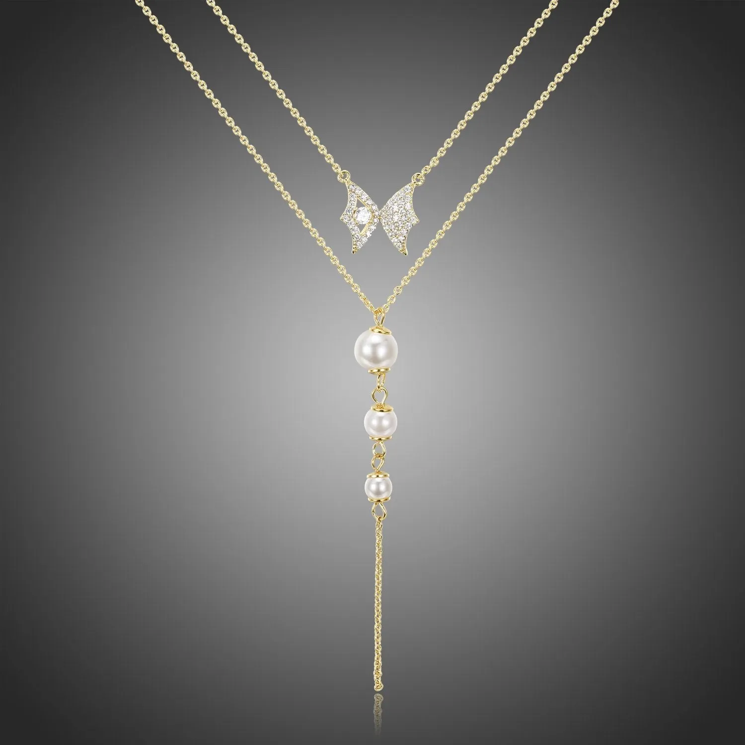 Double Chain Cubic Zirconia Pearl Pendant Necklace KPN0281
