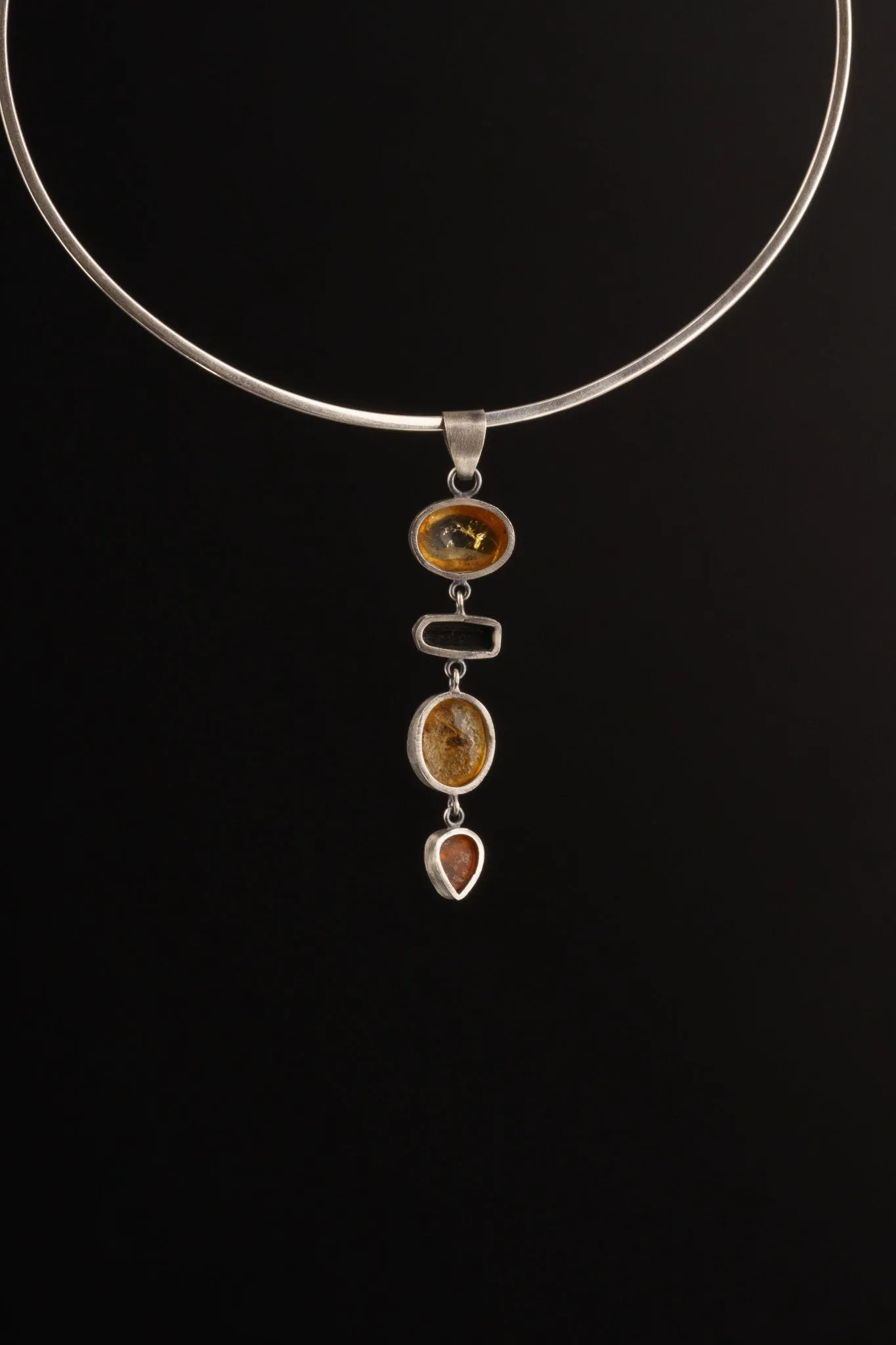 Earthy 4 Piece Ethiopian Opal And Black Tourmaline - Textured oxidised Sterling Silver  - Crystal Pendant