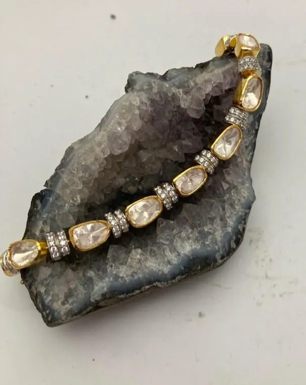 Elongated Moissanite Polki Tennis Bracelet with Double Row Chakri in Between | 925 Sterling Silver | 18kt Gold Plated | Jadau Jewelry