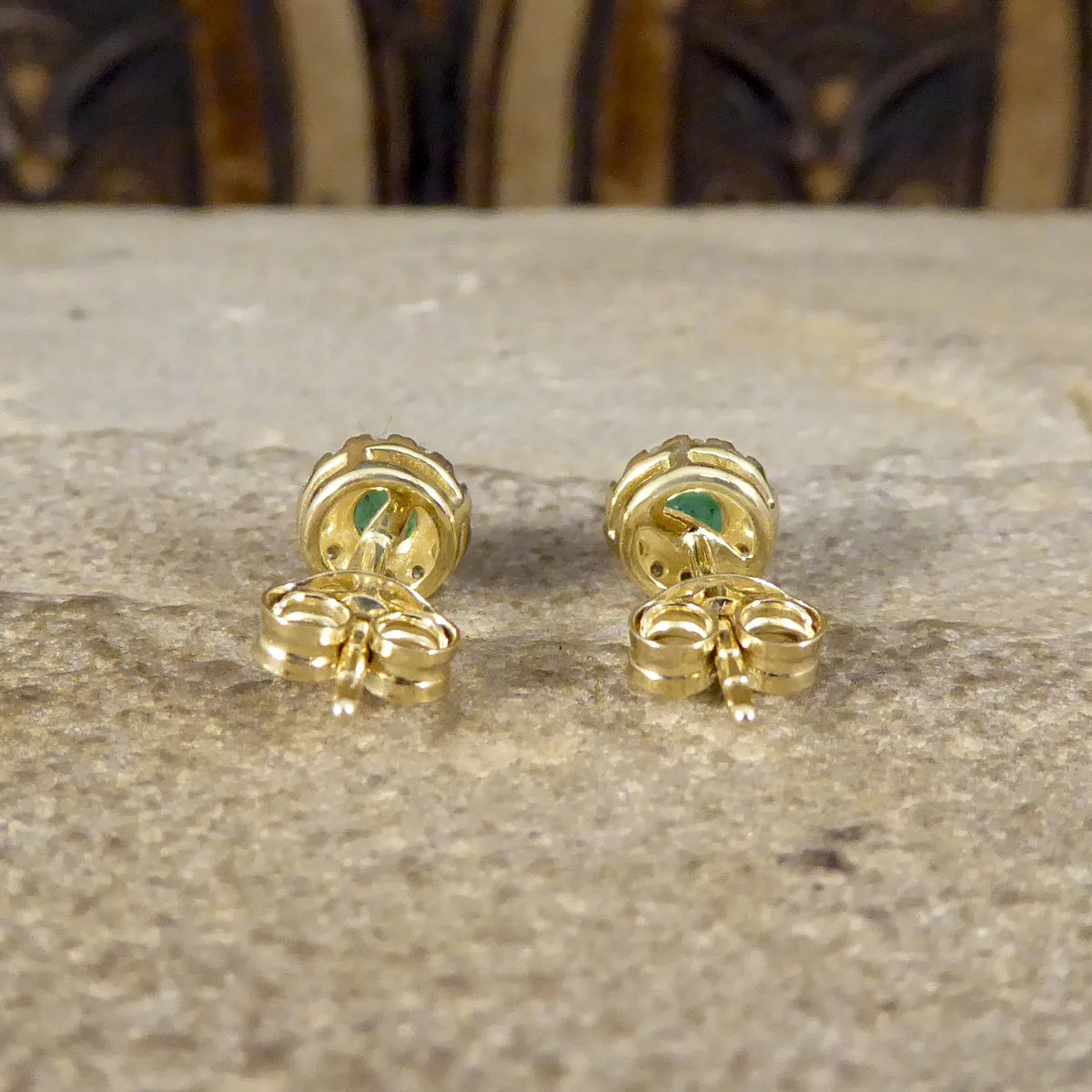 Emerald and Diamond Target Cluster Stud Earrings in 9ct White and Yellow Gold