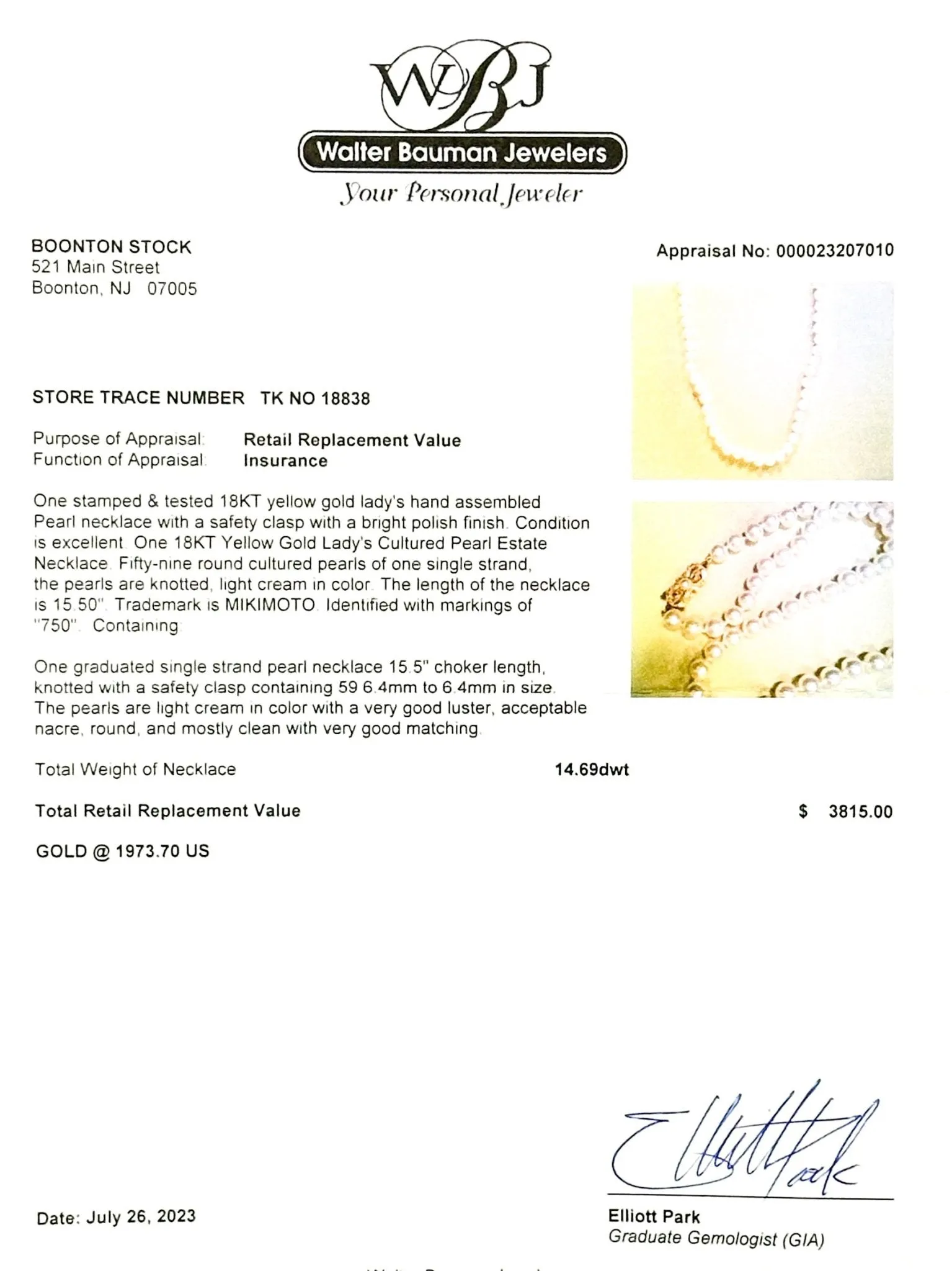 Estate Mikimoto 18K Y Gold 6.4mm Akoya Pearl 16” Necklace