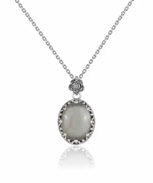 Filigree Silver Gray Moonstone Gemstone Woman Oval Pendant Necklace