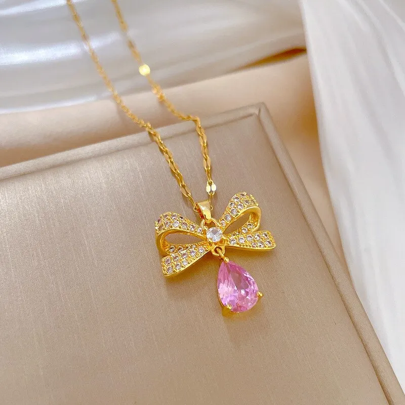 Gold Color Necklace for Women Style Butterfly Bowknot Jewlry Green Water Drop Pendant