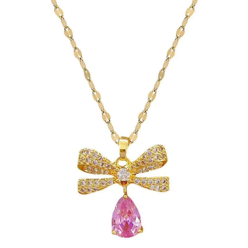 Gold Color Necklace for Women Style Butterfly Bowknot Jewlry Green Water Drop Pendant
