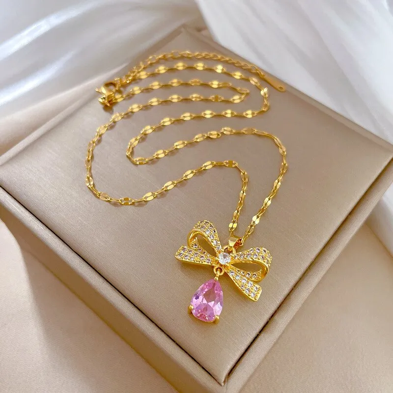 Gold Color Necklace for Women Style Butterfly Bowknot Jewlry Green Water Drop Pendant