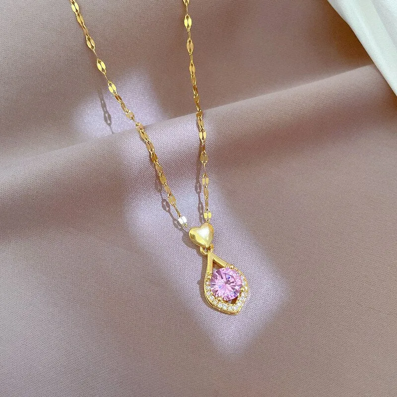 Gold Plated Korean Crystal Water Drop Pendant Necklace Women