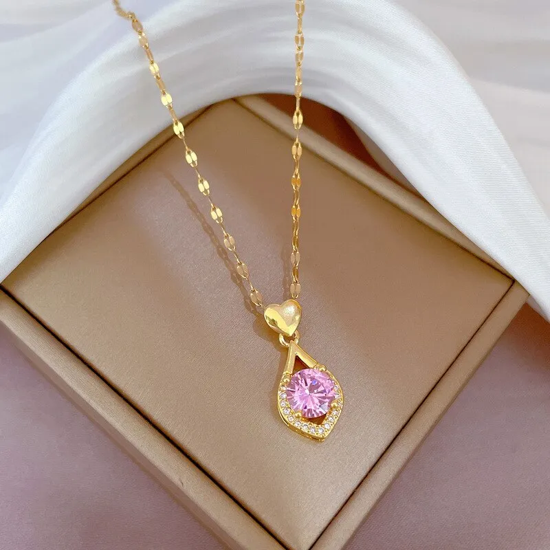 Gold Plated Korean Crystal Water Drop Pendant Necklace Women