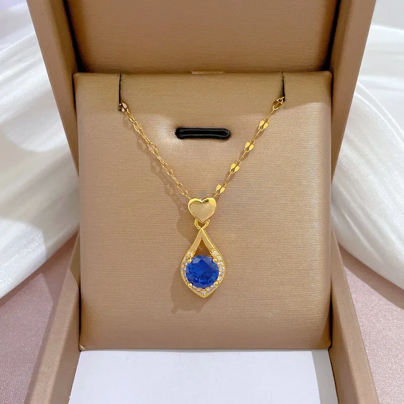 Gold Plated Korean Crystal Water Drop Pendant Necklace Women