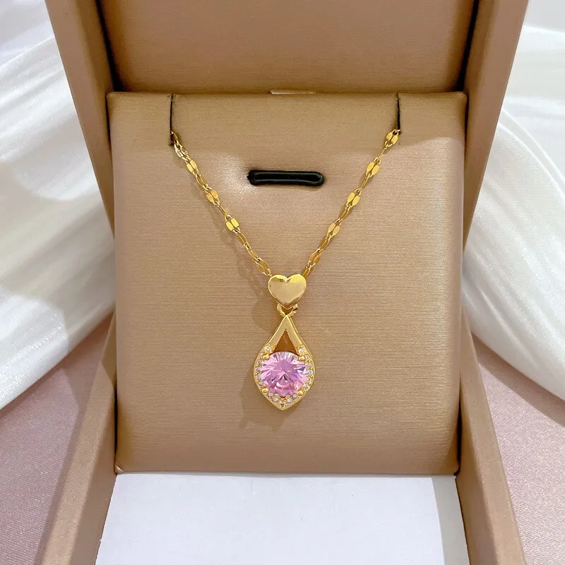 Gold Plated Korean Crystal Water Drop Pendant Necklace Women
