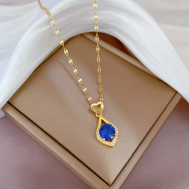 Gold Plated Korean Crystal Water Drop Pendant Necklace Women