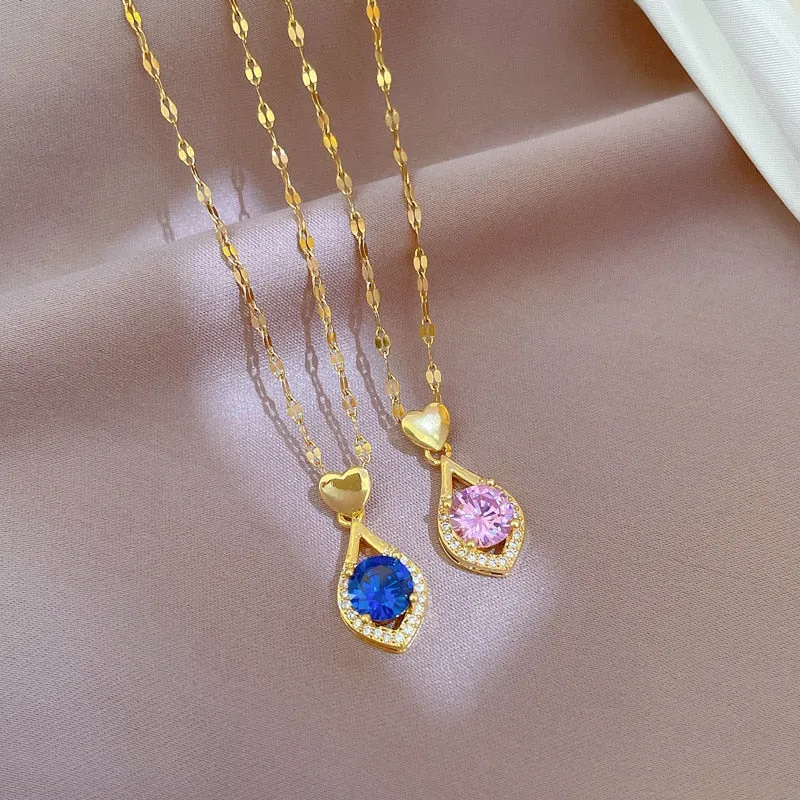 Gold Plated Korean Crystal Water Drop Pendant Necklace Women