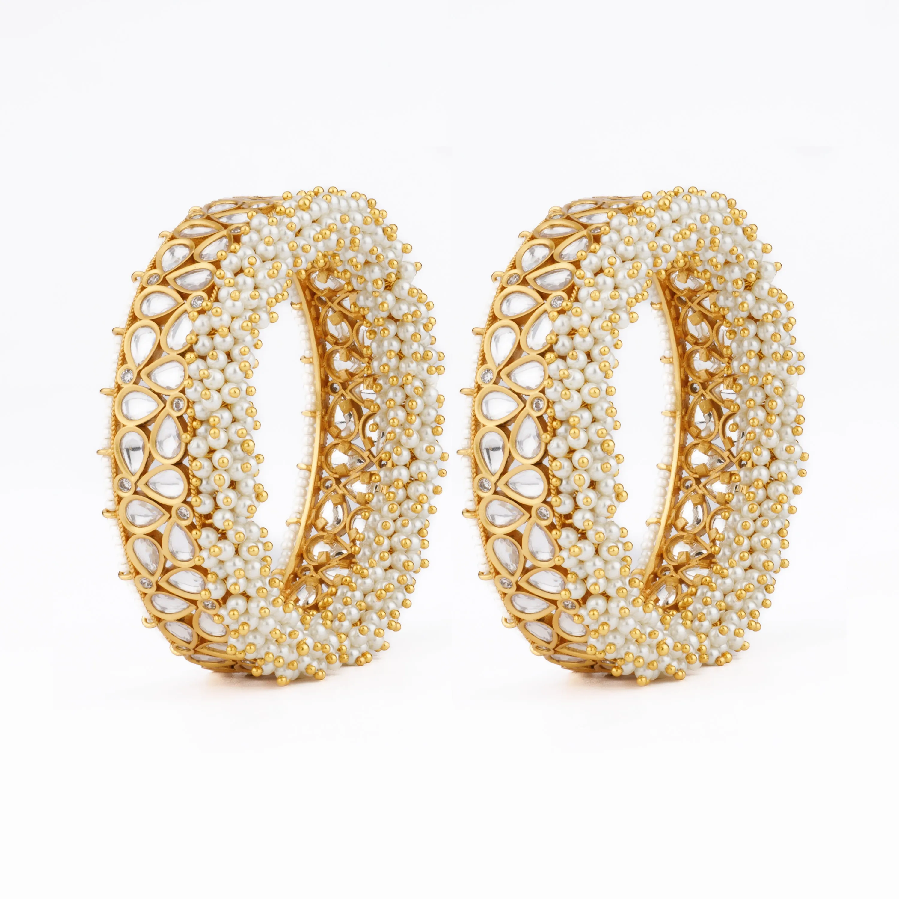 Gold Plated Kundan & Pearls Bangles, Set of 2 - VB104