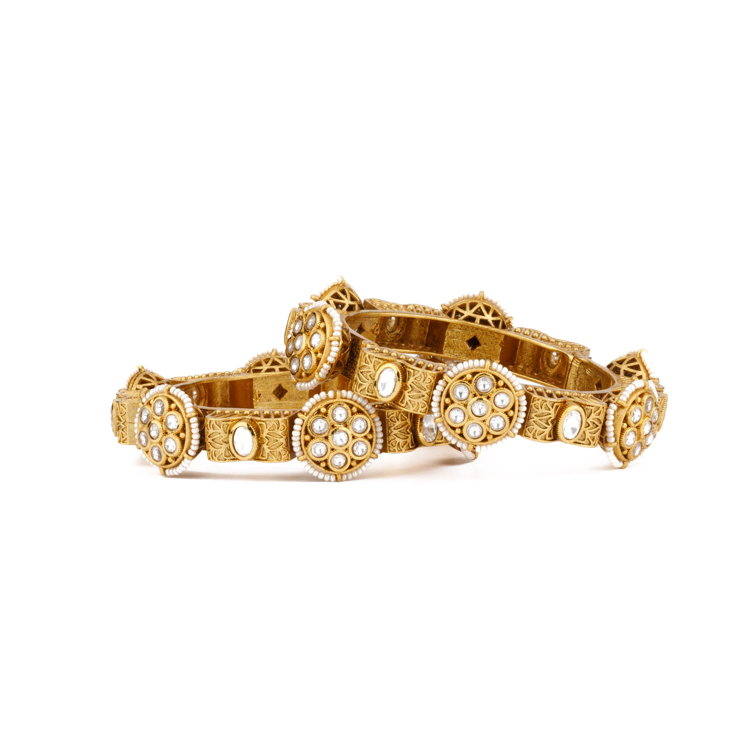 Gold Plated Kundan & Pearls Bangles, Set of 2 - VB111