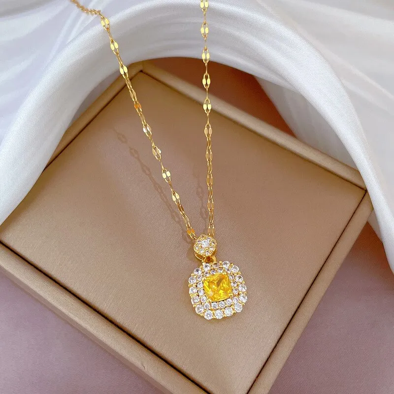 Gold Plated Sparkling Full Crystal Square  Necklace Women