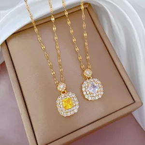 Gold Plated Sparkling Full Crystal Square  Necklace Women