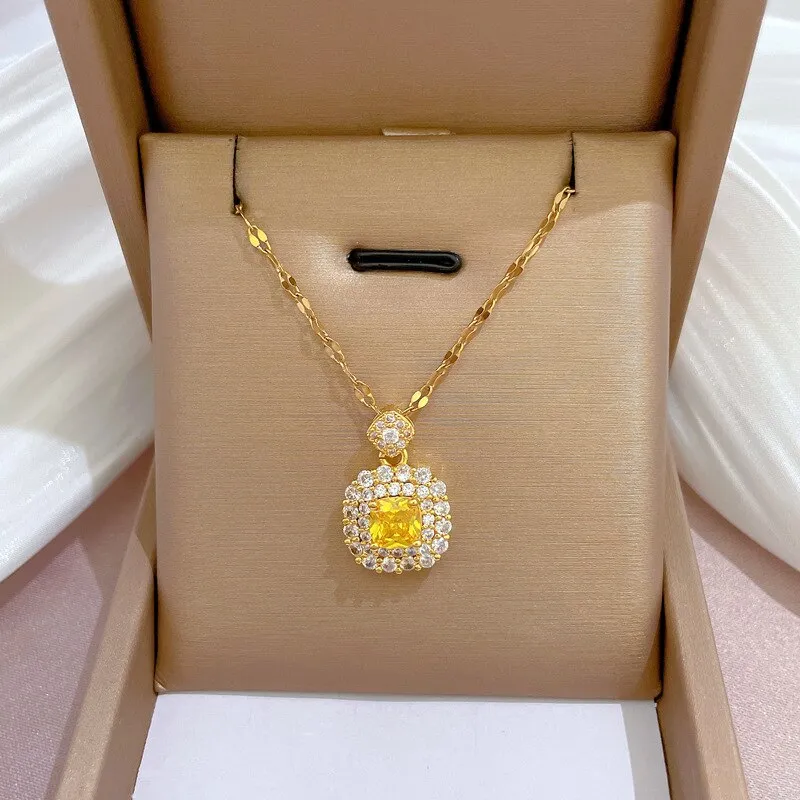 Gold Plated Sparkling Full Crystal Square  Necklace Women