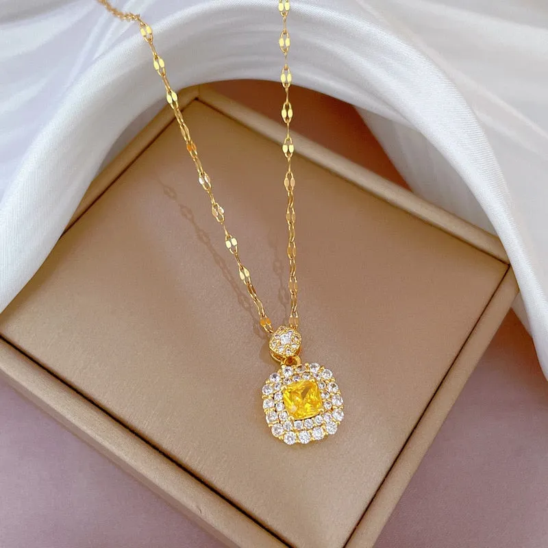 Gold Plated Sparkling Full Crystal Square  Necklace Women