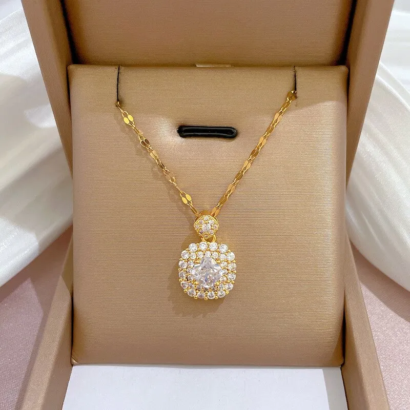 Gold Plated Sparkling Full Crystal Square  Necklace Women