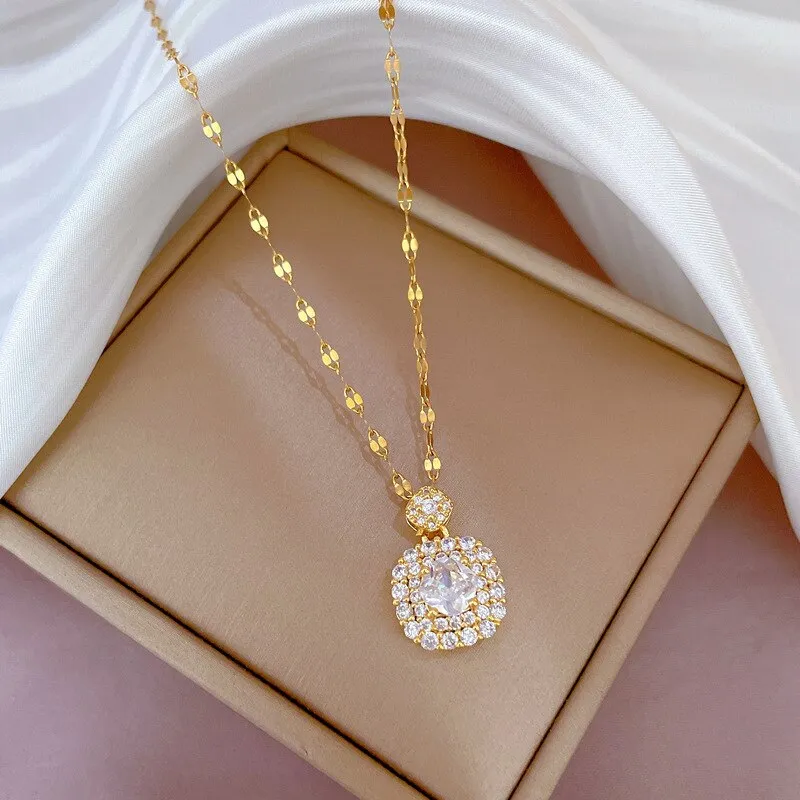 Gold Plated Sparkling Full Crystal Square  Necklace Women