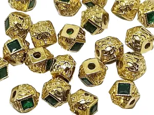 Green & Golden  AD Stone Hexa Ball Spacer Beads
