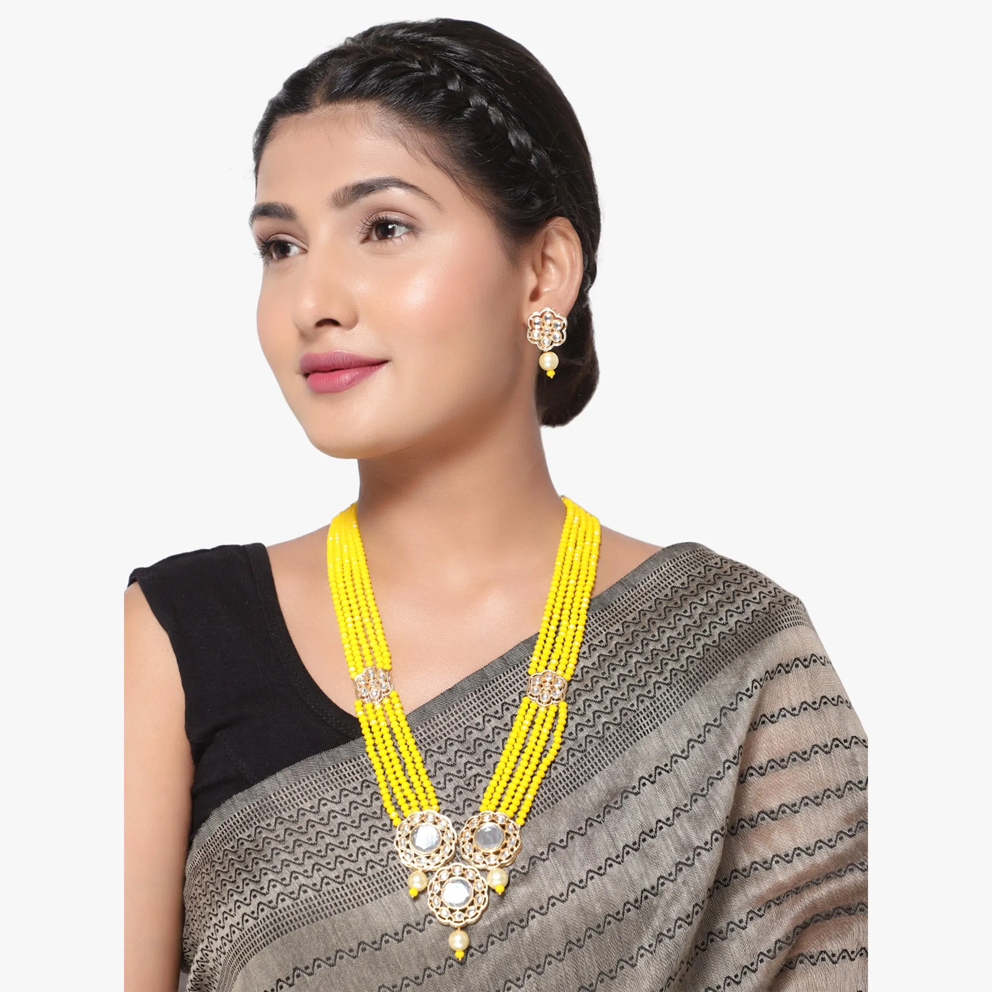 Green Indian Kundan Mirror Design Long Necklace Set