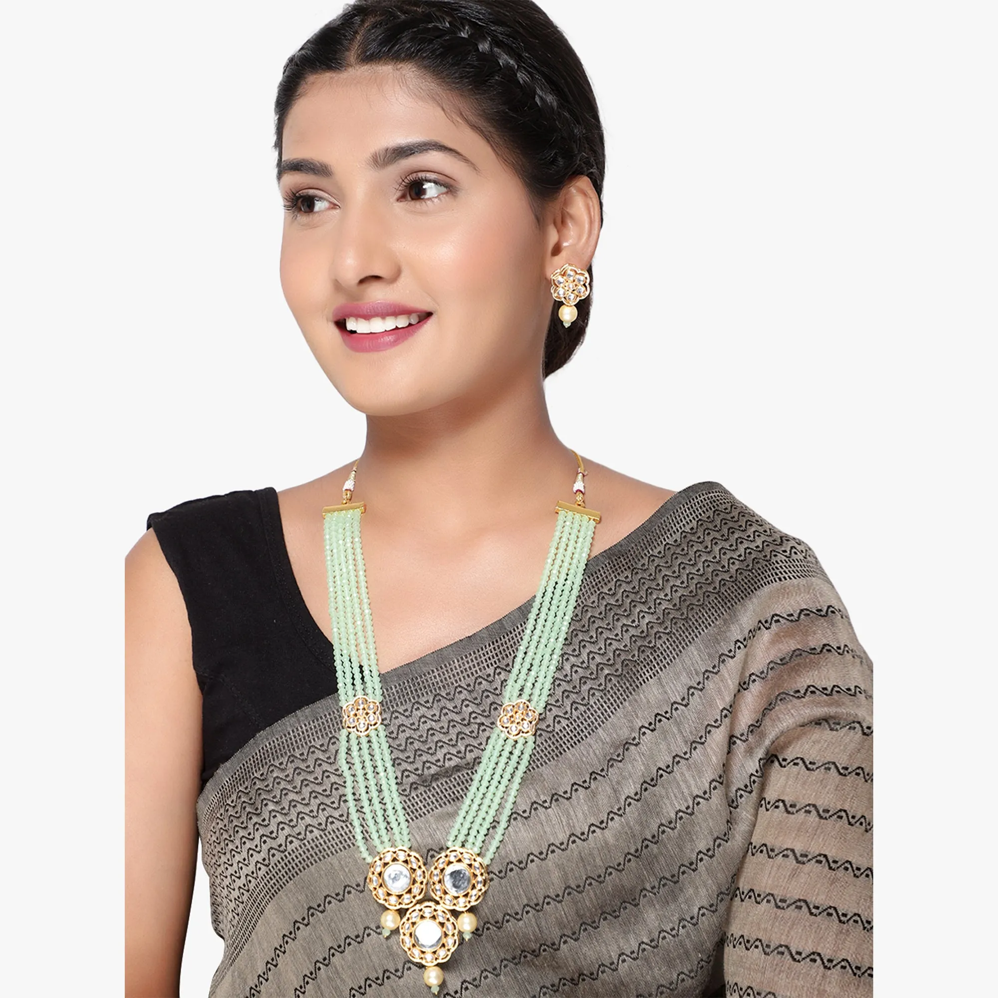 Green Indian Kundan Mirror Design Long Necklace Set