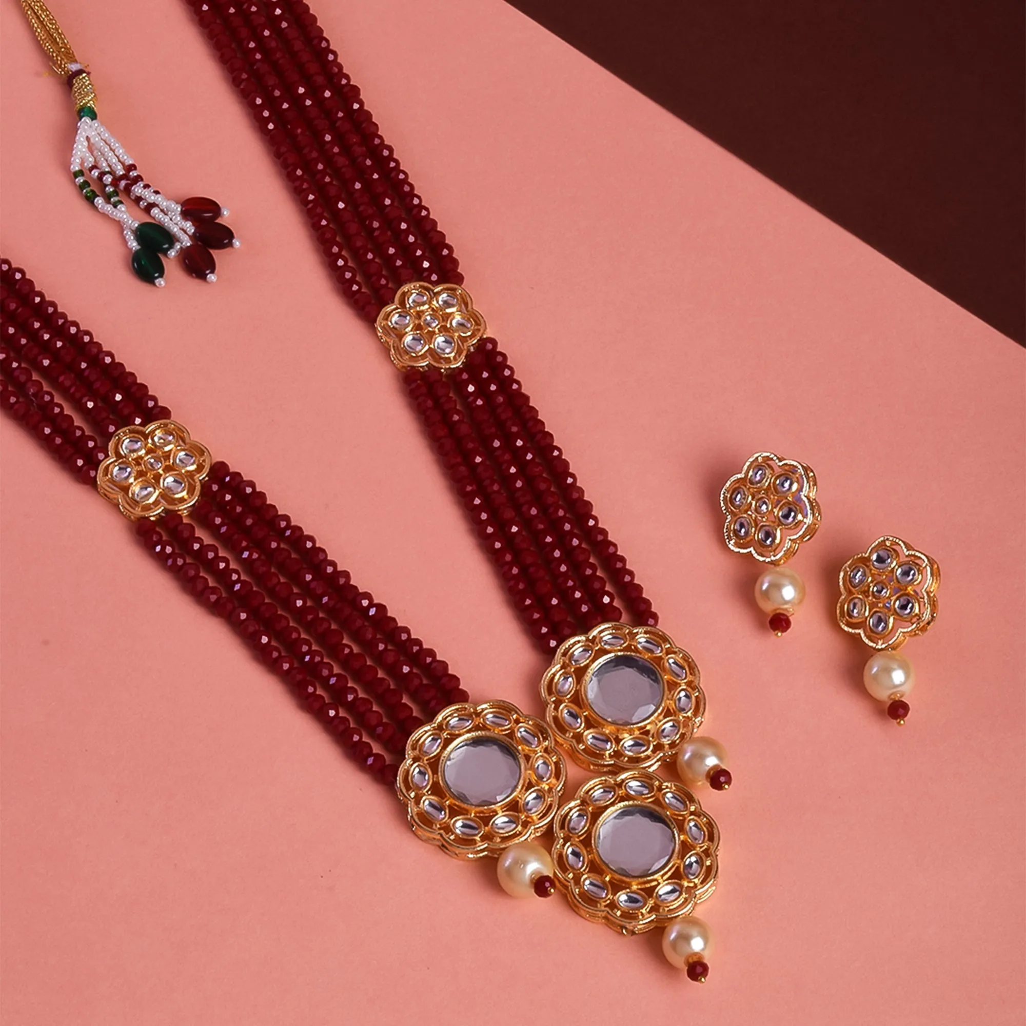 Green Indian Kundan Mirror Design Long Necklace Set