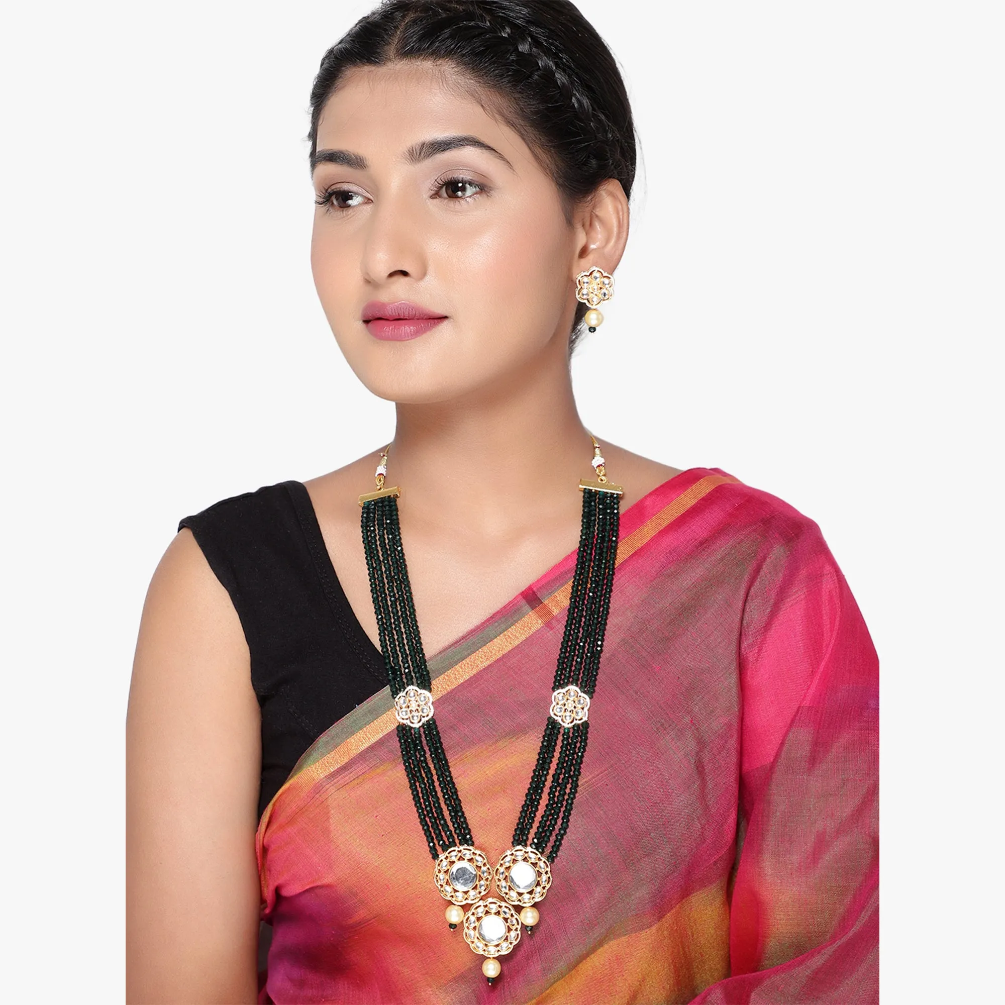 Green Indian Kundan Mirror Design Long Necklace Set