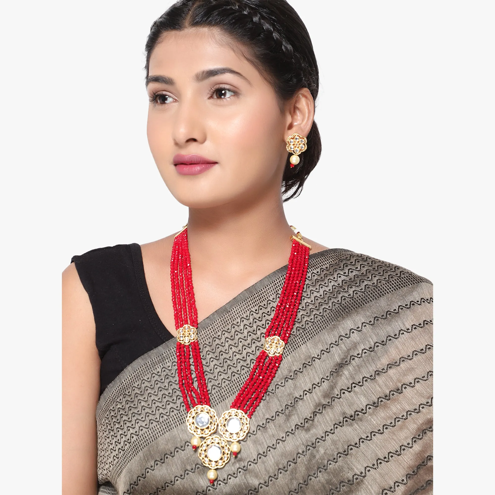 Green Indian Kundan Mirror Design Long Necklace Set