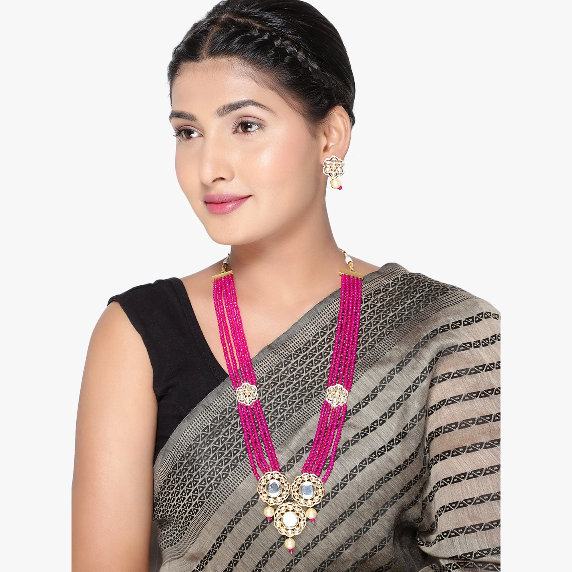 Green Indian Kundan Mirror Design Long Necklace Set