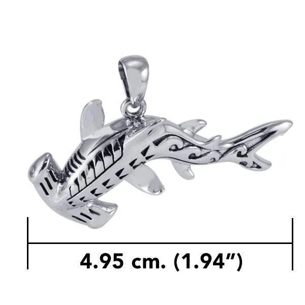 Hammerhead Shark with Wave Designs Engrave into Body Sterling Silver Pendant TPD6103