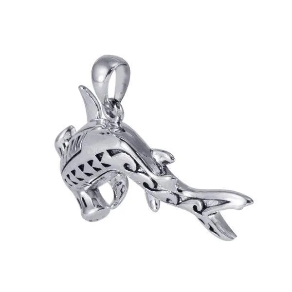 Hammerhead Shark with Wave Designs Engrave into Body Sterling Silver Pendant TPD6103