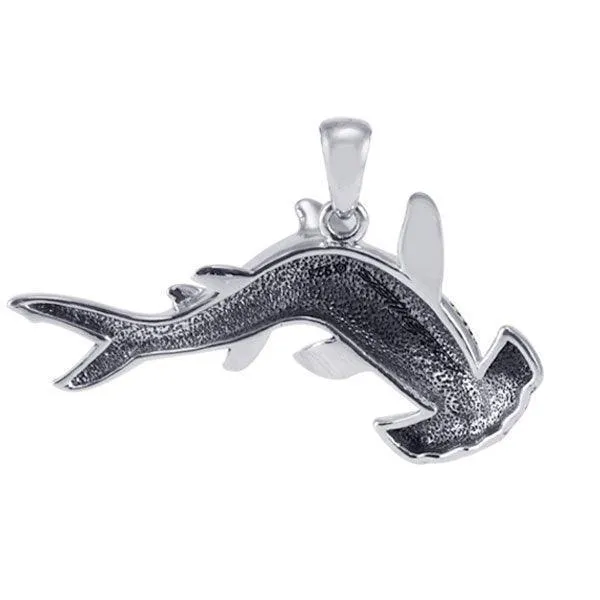 Hammerhead Shark with Wave Designs Engrave into Body Sterling Silver Pendant TPD6103