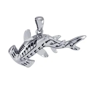 Hammerhead Shark with Wave Designs Engrave into Body Sterling Silver Pendant TPD6103