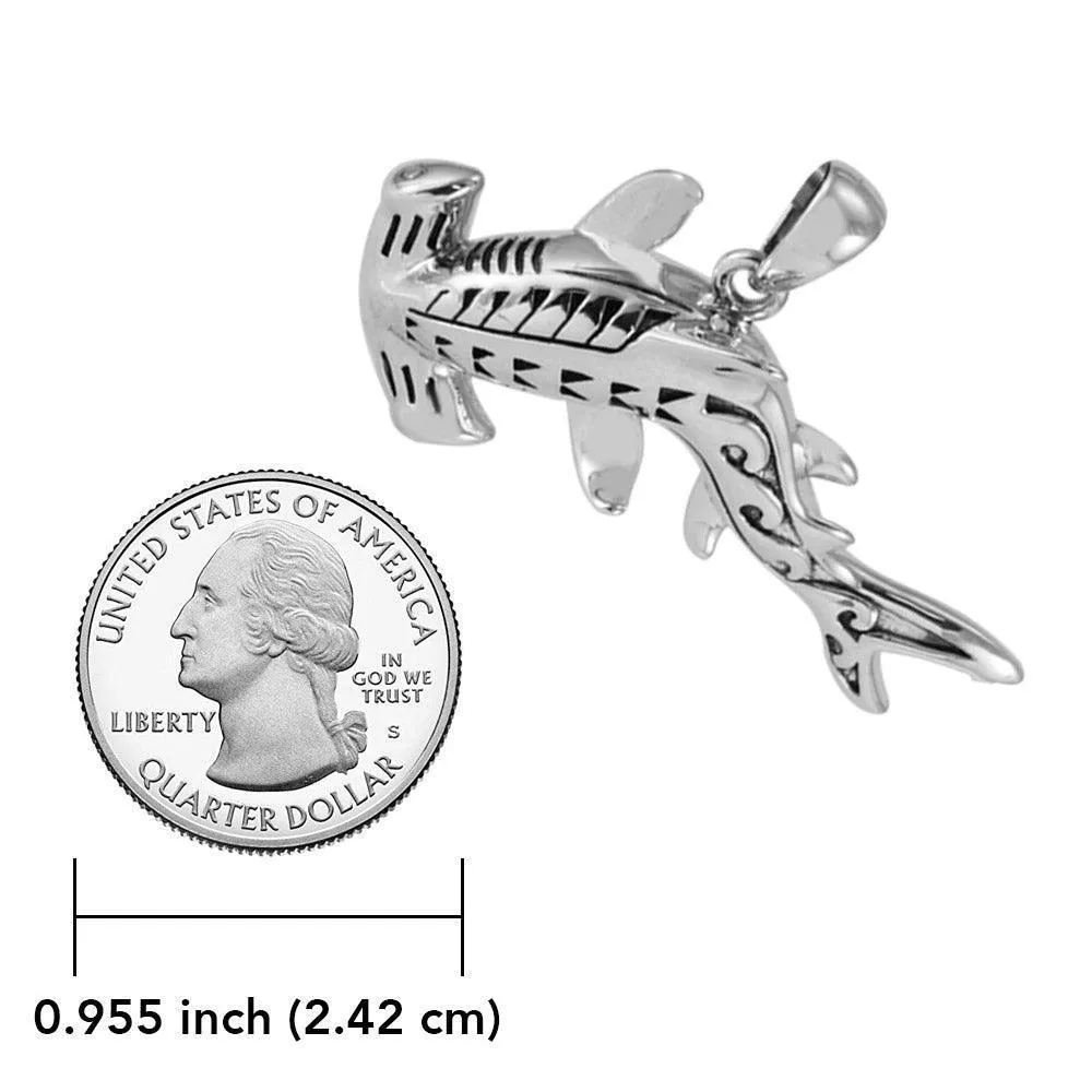 Hammerhead Shark with Wave Designs Engrave into Body Sterling Silver Pendant TPD6103