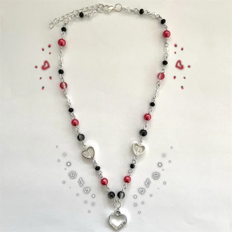 handmade red and black glass pearl beads and crackle beads rosary style necklace