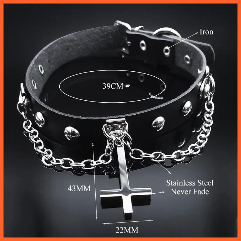 Harajuku Choker Goth Satan Inverted Peter'S Cross Necklace Stainless Steel Pu Leather Cosplay Anime Necklaces Jewelry Gift Nxs03