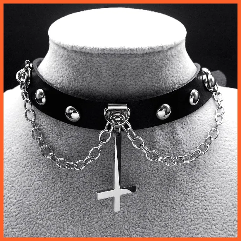 Harajuku Choker Goth Satan Inverted Peter'S Cross Necklace Stainless Steel Pu Leather Cosplay Anime Necklaces Jewelry Gift Nxs03