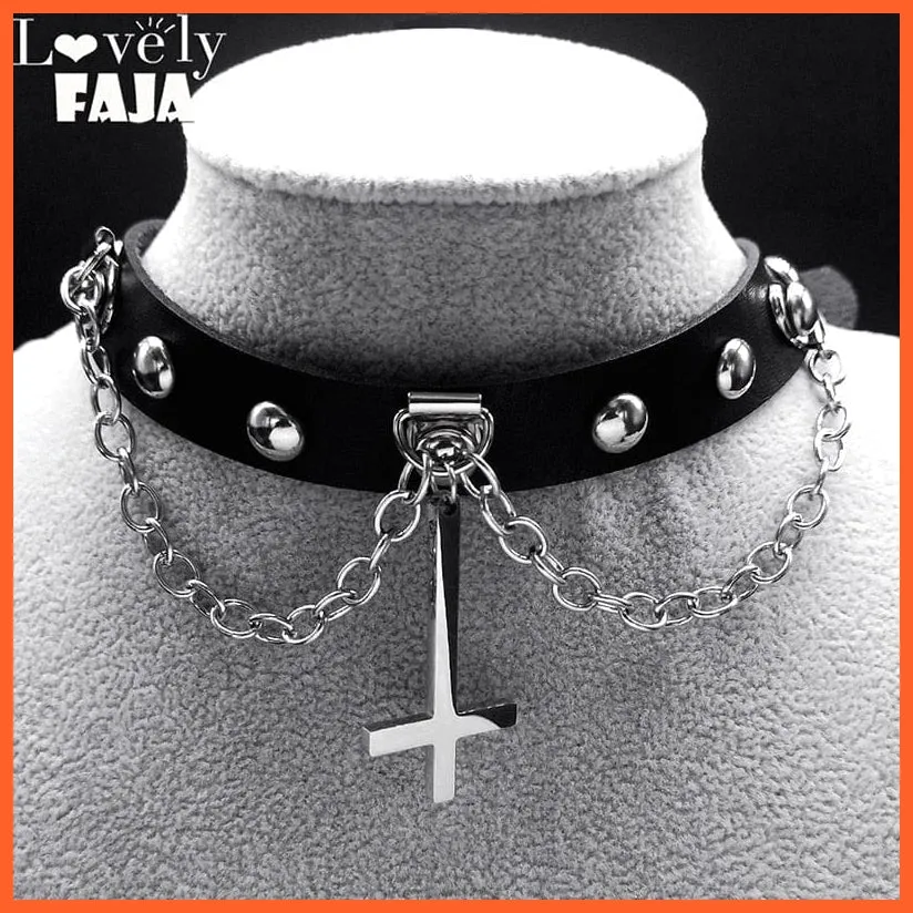 Harajuku Choker Goth Satan Inverted Peter'S Cross Necklace Stainless Steel Pu Leather Cosplay Anime Necklaces Jewelry Gift Nxs03