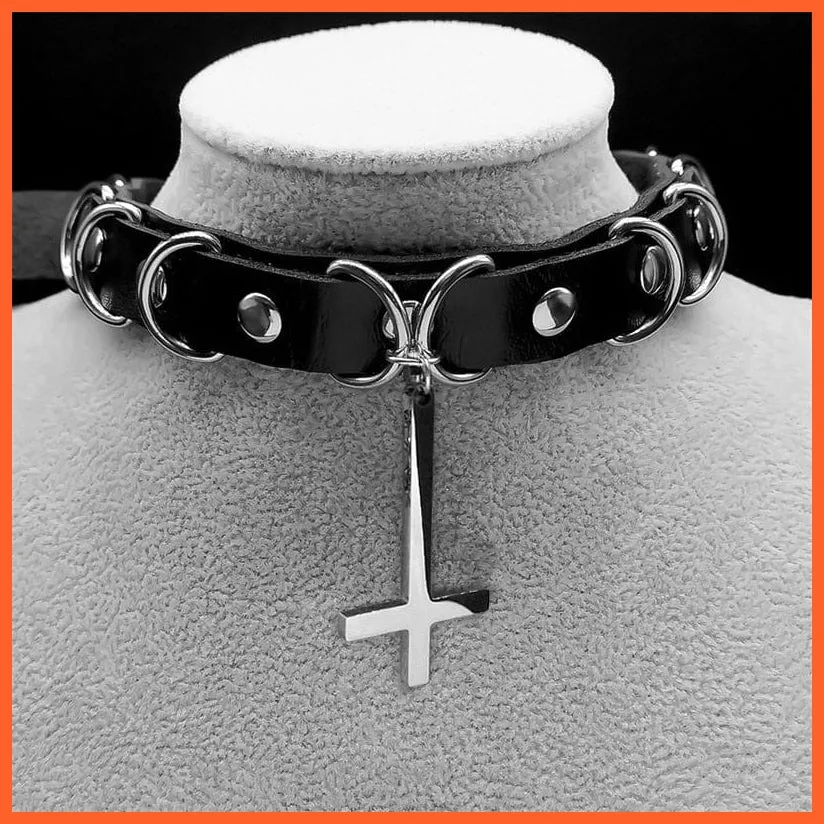 Harajuku Choker Goth Satan Inverted Peter'S Cross Necklace Stainless Steel Pu Leather Cosplay Anime Necklaces Jewelry Gift Nxs03