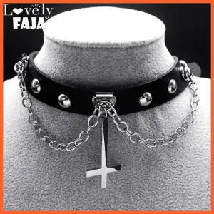 Harajuku Choker Goth Satan Inverted Peter'S Cross Necklace Stainless Steel Pu Leather Cosplay Anime Necklaces Jewelry Gift Nxs03
