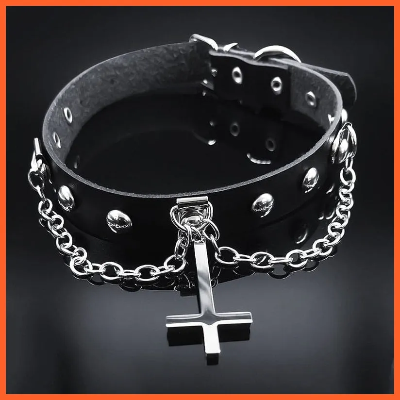 Harajuku Choker Goth Satan Inverted Peter'S Cross Necklace Stainless Steel Pu Leather Cosplay Anime Necklaces Jewelry Gift Nxs03