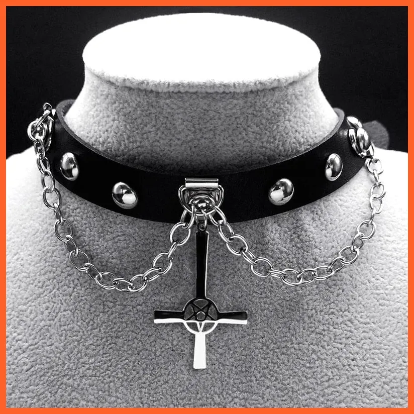 Harajuku Choker Goth Satan Inverted Peter'S Cross Necklace Stainless Steel Pu Leather Cosplay Anime Necklaces Jewelry Gift Nxs03