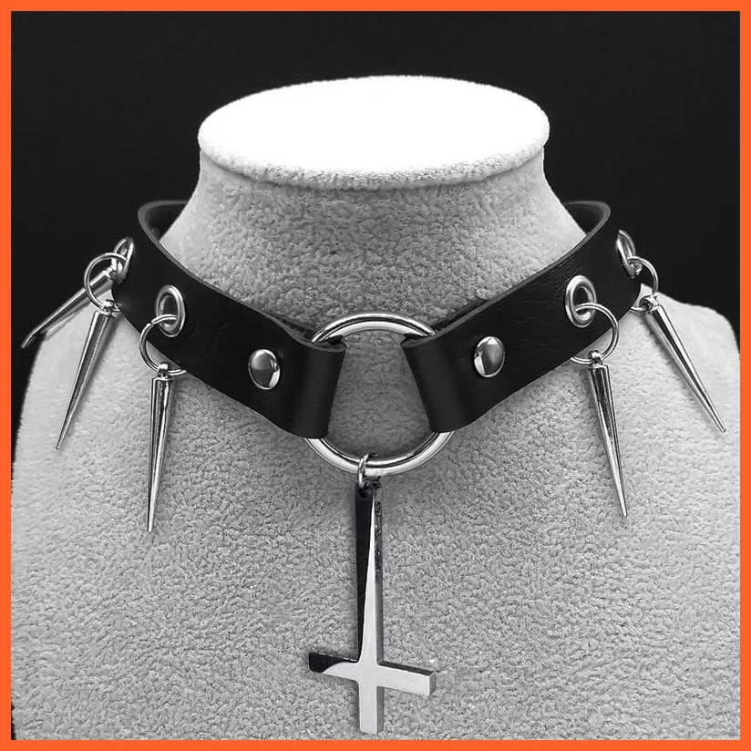 Harajuku Choker Goth Satan Inverted Peter'S Cross Necklace Stainless Steel Pu Leather Cosplay Anime Necklaces Jewelry Gift Nxs03
