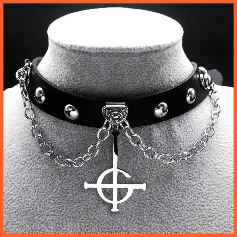 Harajuku Choker Goth Satan Inverted Peter'S Cross Necklace Stainless Steel Pu Leather Cosplay Anime Necklaces Jewelry Gift Nxs03