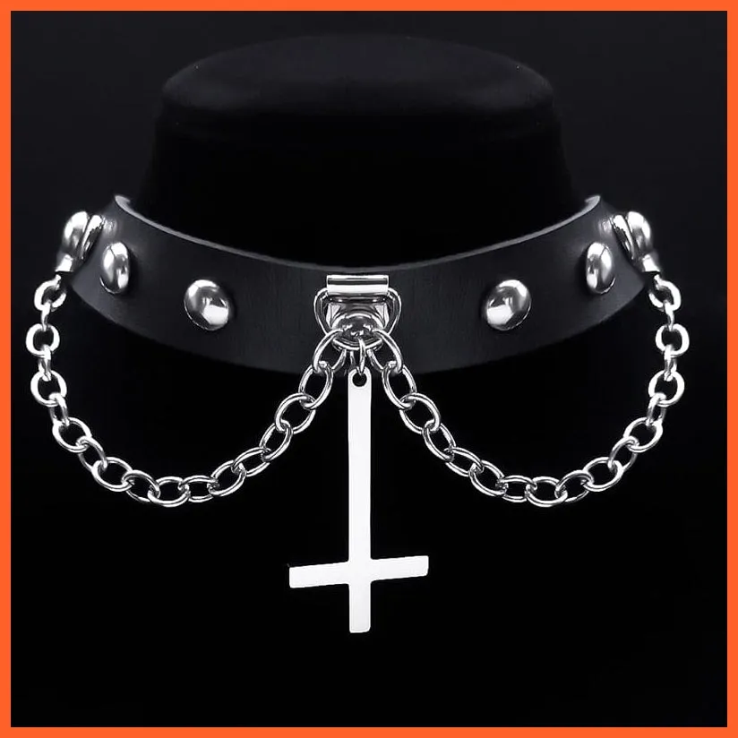 Harajuku Choker Goth Satan Inverted Peter'S Cross Necklace Stainless Steel Pu Leather Cosplay Anime Necklaces Jewelry Gift Nxs03